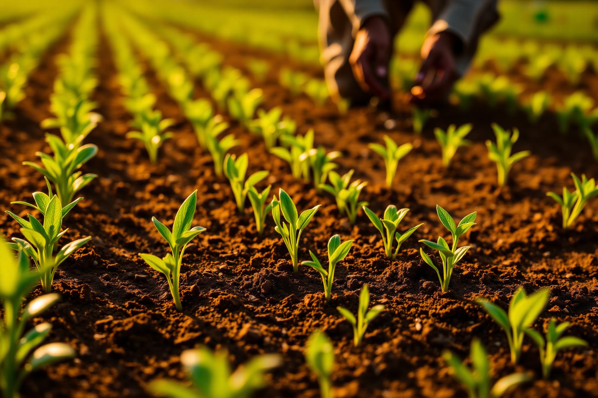 Seedlings growing in farm soil